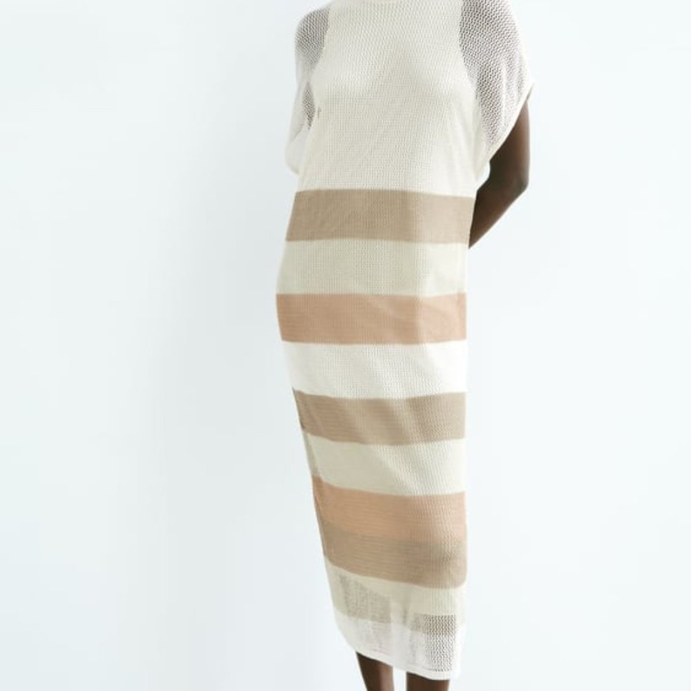 ZARA Womens Stripped Knit Mesh Dress Tunic Tie Back - SMALL